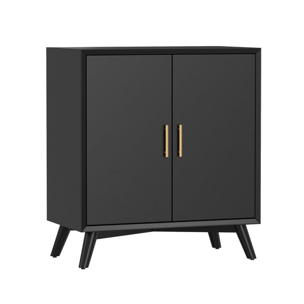 Ian 36 Inch Small Bar Cabinet with 2 Doors, Flared Legs, Modern Black Wood - BM299483