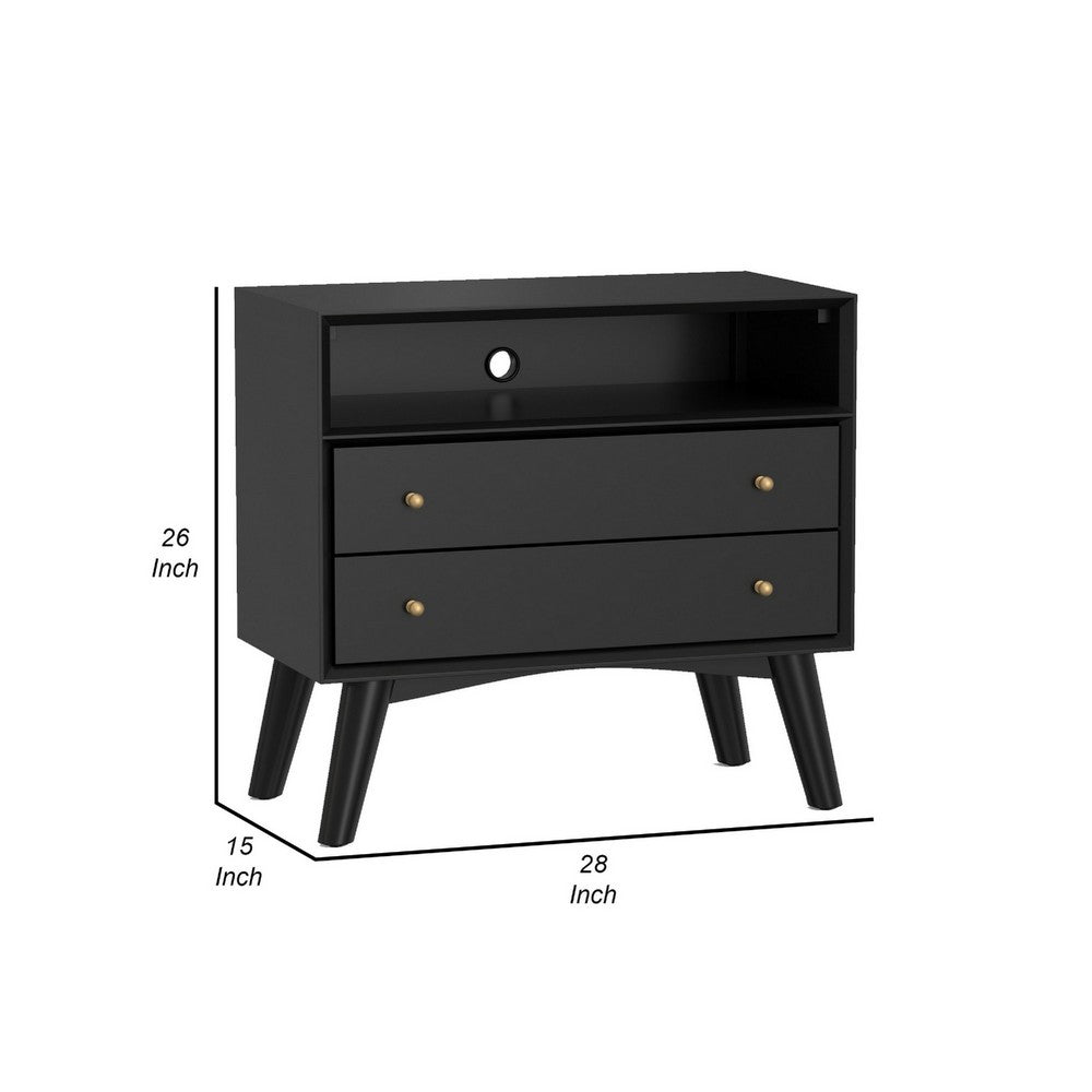 Ian 28 Inch Wide 2 Drawer Nightstand with Shelf, Angled Legs, Jet Black - BM299485