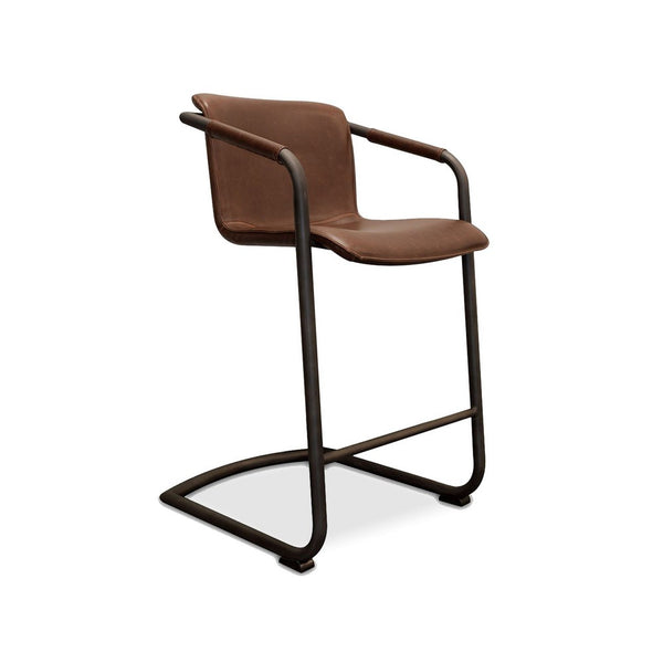 27 Inch Cantilever Counter Stool Chair, Set of 2, Brown Vegan Faux Leather - BM299509