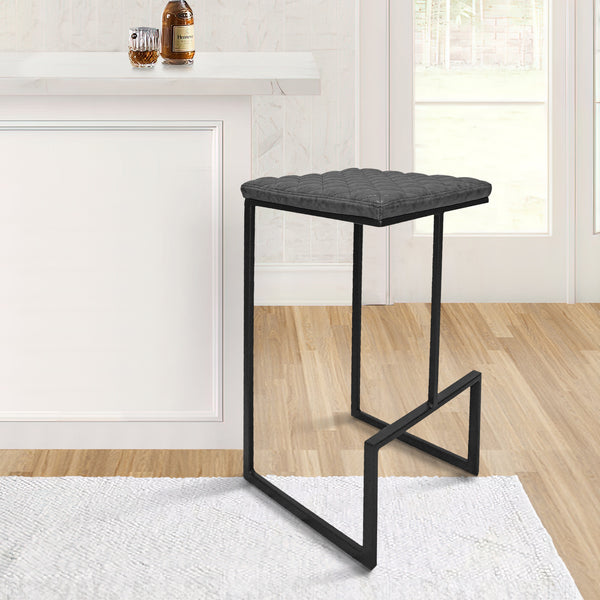 27 Inch Bar Stool, Set of 2, Tufted Seat, Black Faux Leather Upholstery - BM299516