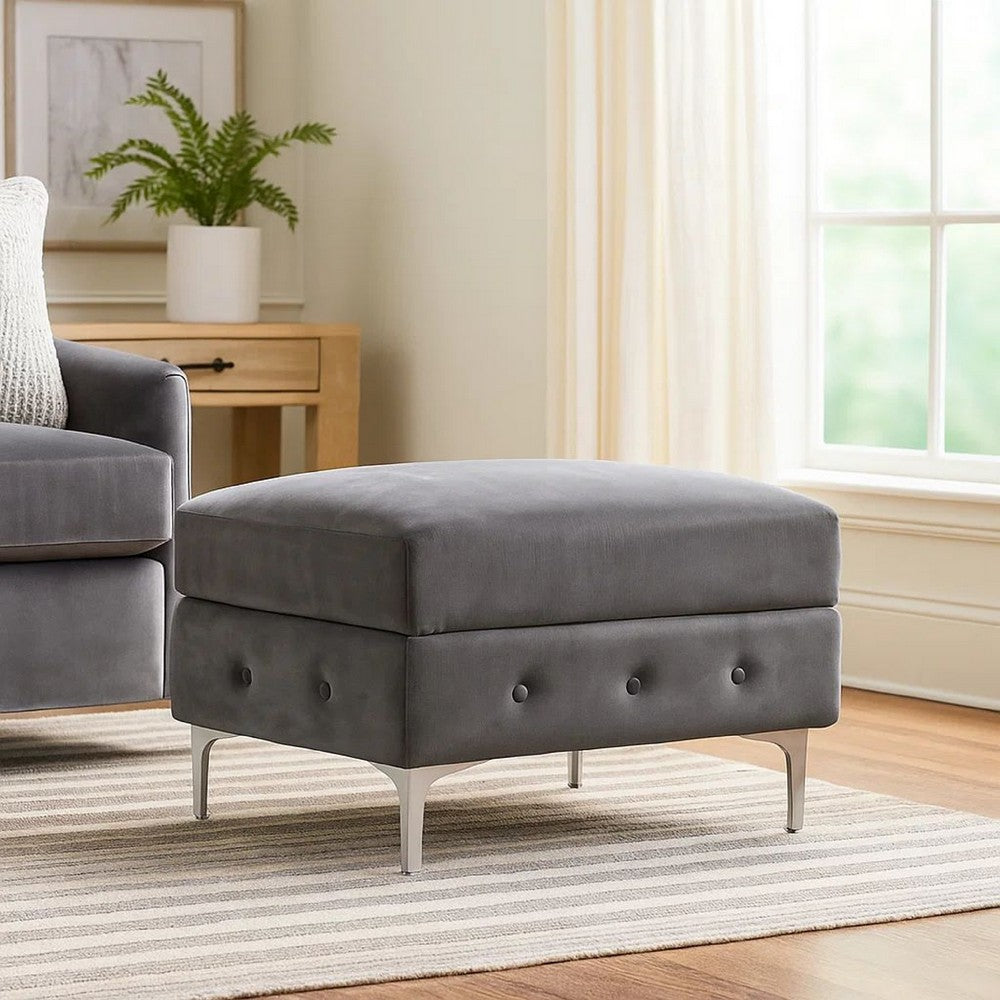 Anzo 32 Inch Square Ottoman, Button Tufting, Chrome Plated Steel Legs, Gray - BM299602