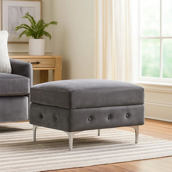 Anzo 32 Inch Square Ottoman, Button Tufting, Chrome Plated Steel Legs, Gray - BM299602