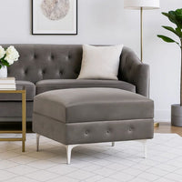 Anzo 32 Inch Square Ottoman, Button Tufting, Chrome Plated Steel Legs, Gray - BM299602