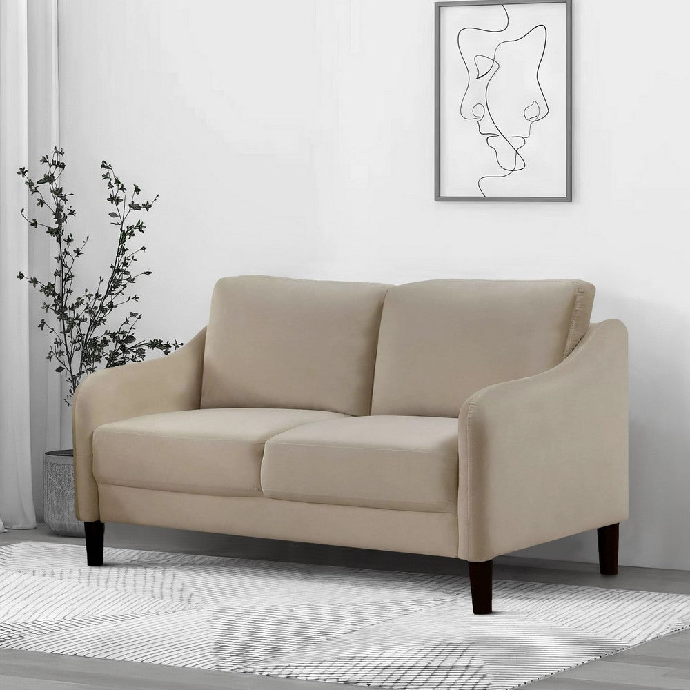 Foz 52 Inch Loveseat, Sloped Arms, Round Tapered Legs, Beige Flannelette - BM299609