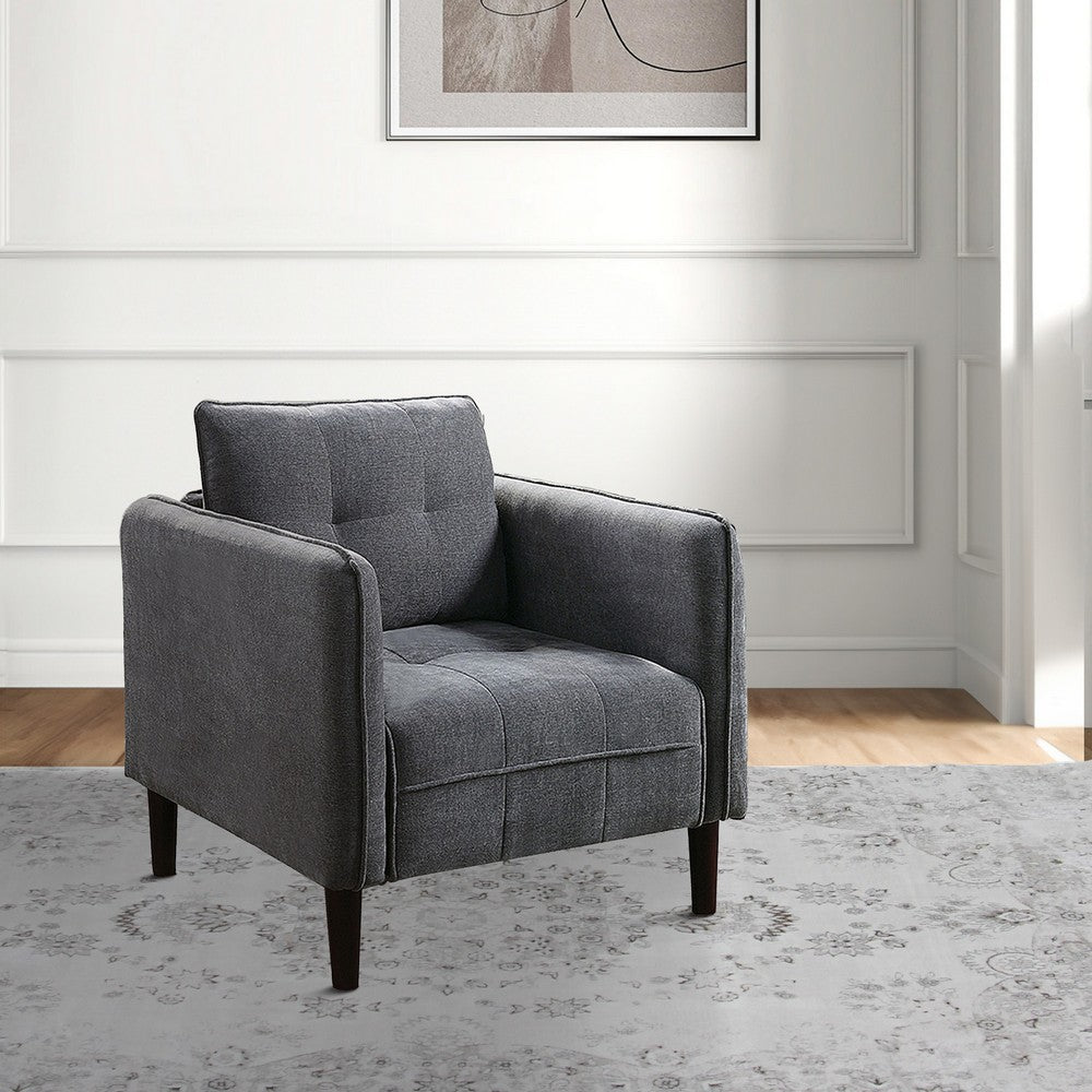 Hak 33 Inch Accent Chair, Rounded Arms, Biscuit Tufting, Wood Legs, Gray - BM299618