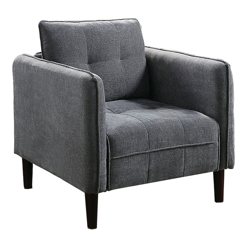 Hak 33 Inch Accent Chair, Rounded Arms, Biscuit Tufting, Wood Legs, Gray - BM299618