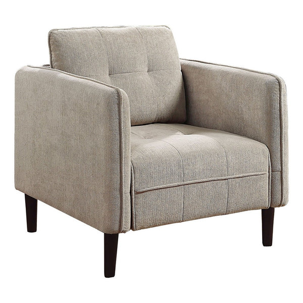 Hak 33 Inch Accent Chair, Rounded Arms, Biscuit Tufting, Wood Legs, Taupe - BM299621