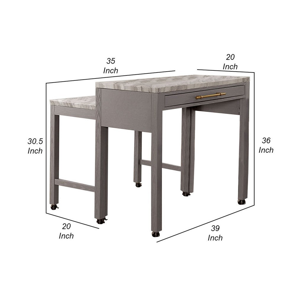39 Inch Faux Marble Top Table with Felt Lined Storage Drawer, Gray, White - BM299637
