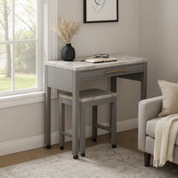 39 Inch Faux Marble Top Table with Felt Lined Storage Drawer, Gray, White - BM299637