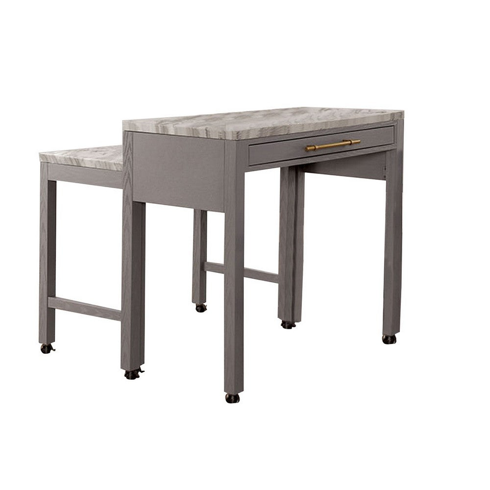 39 Inch Faux Marble Top Table with Felt Lined Storage Drawer, Gray, White - BM299637