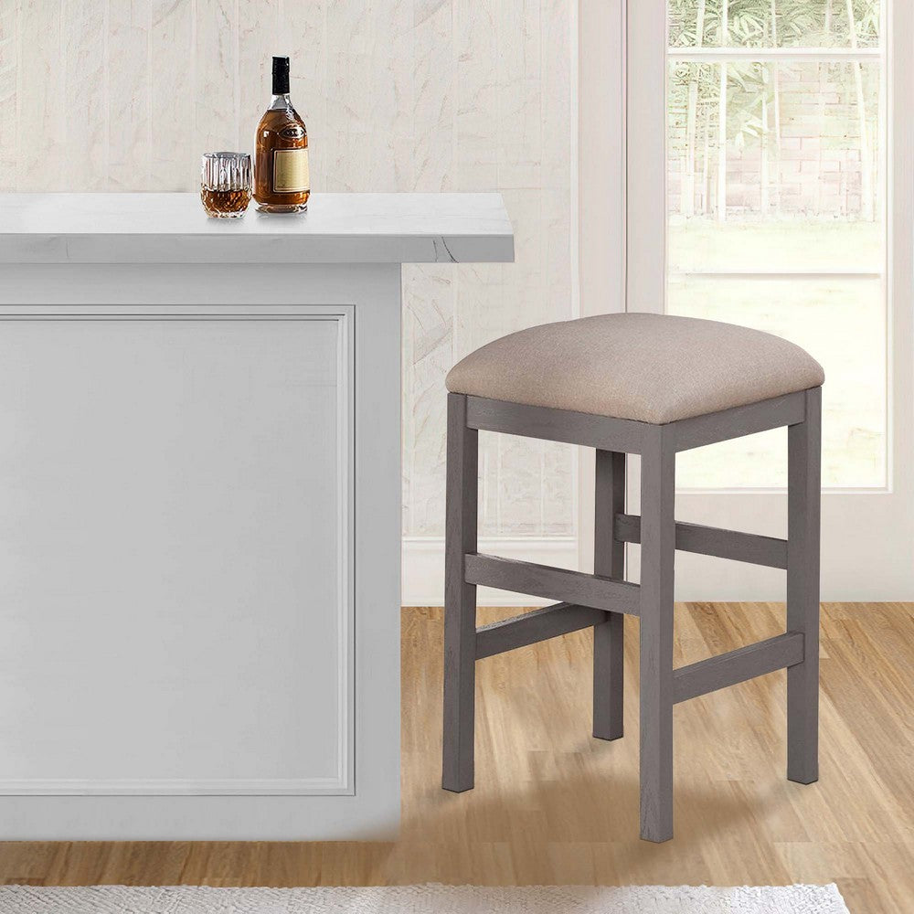 24 Inch Wood Counter Stool, Set of 2, Cushioned, Farmhouse Design, Gray - BM299638