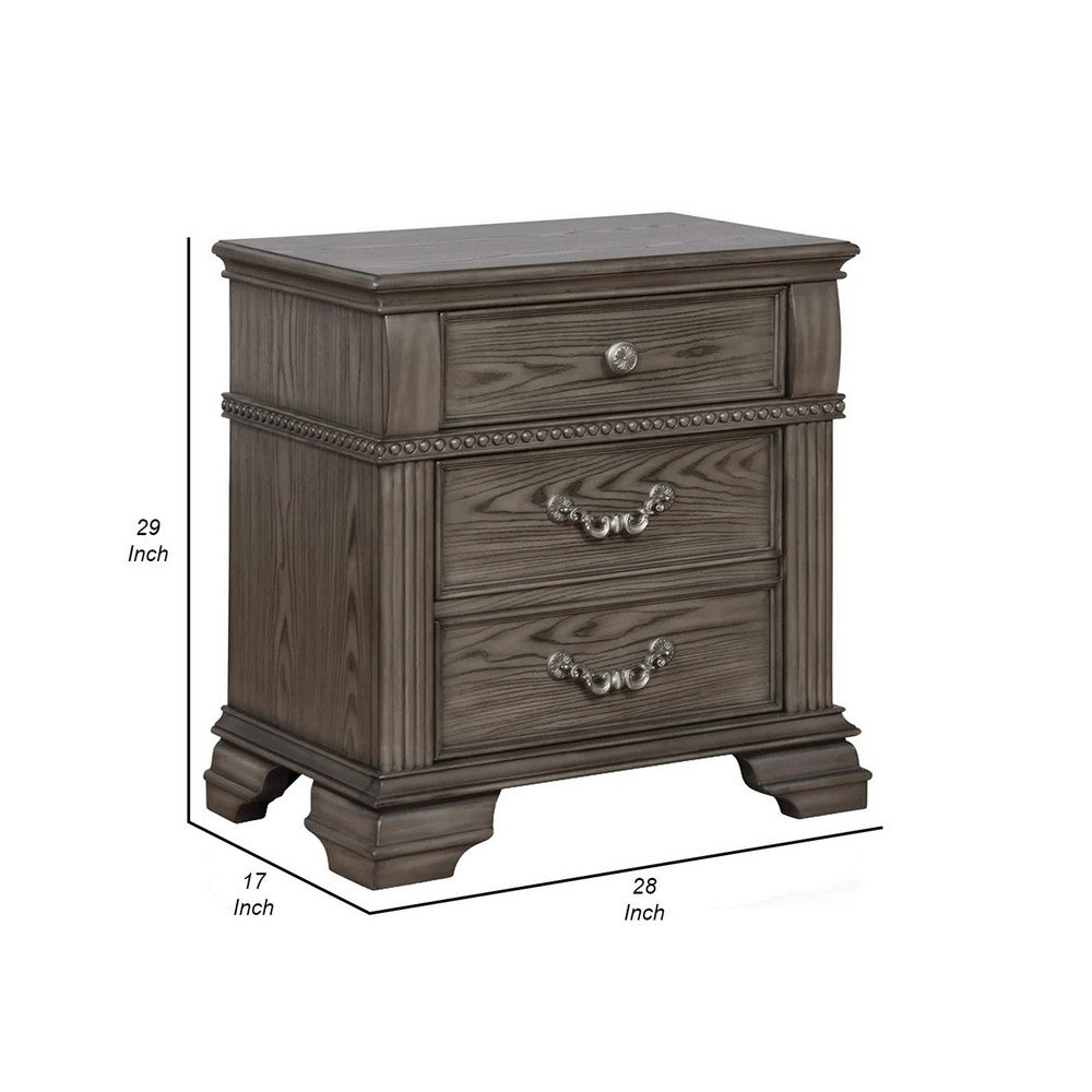 Akia 28 Inch Traditional 3 Drawer Nightstand, Metal Knobs, Smooth Gray - BM299937
