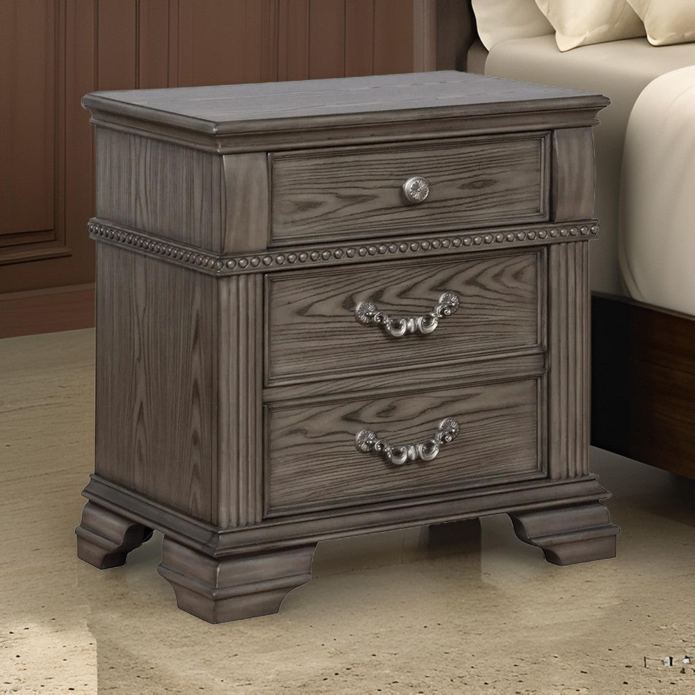 Akia 28 Inch Traditional 3 Drawer Nightstand, Metal Knobs, Smooth Gray - BM299937