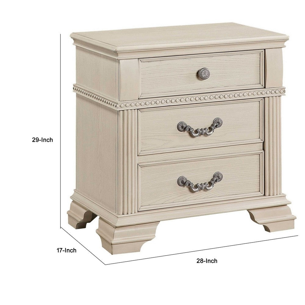 Akia 28 Inch Traditional 3 Drawer Nightstand, Metal Knobs, Crisp White - BM299940