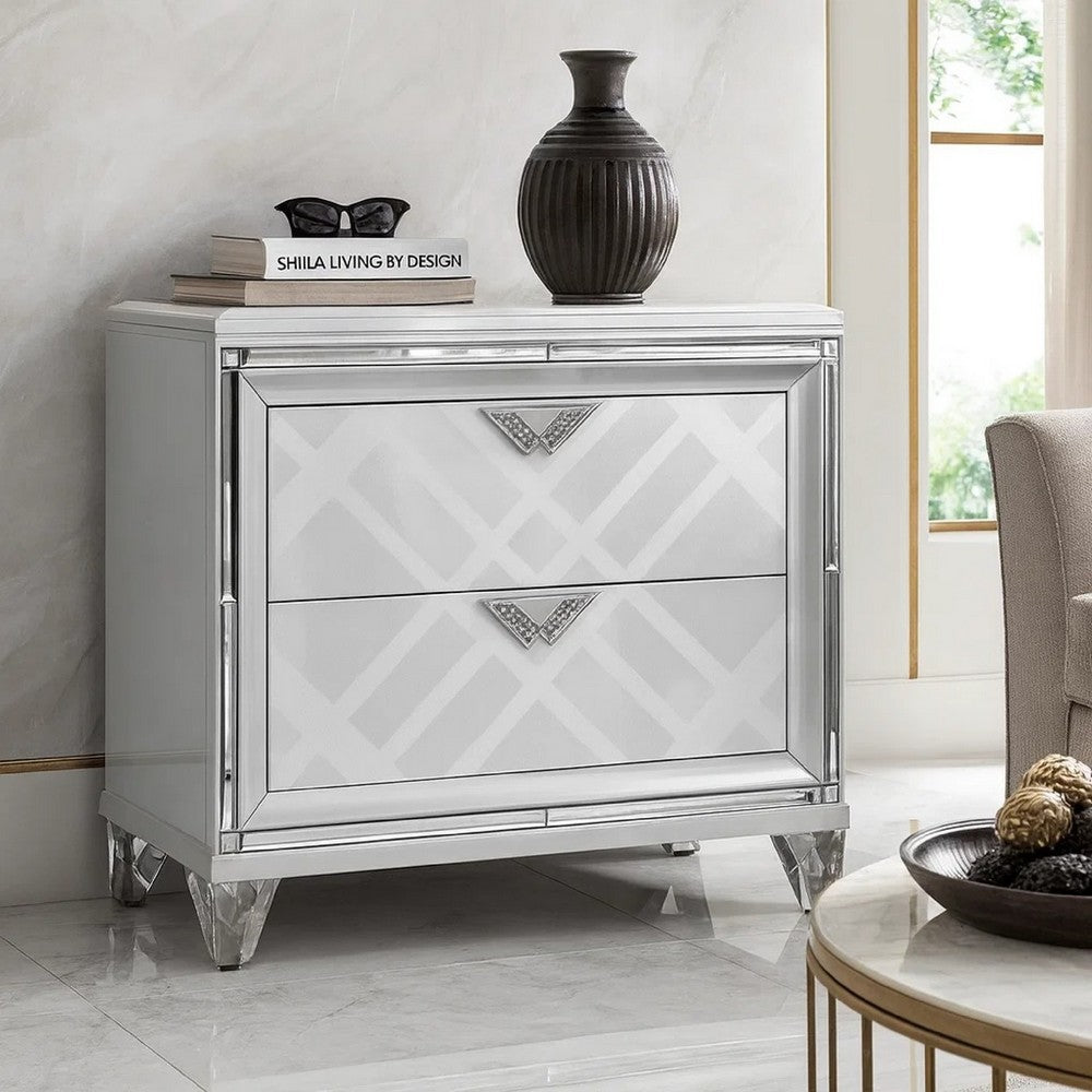 Beli 30 Inch Modern 2 Drawer Nightstand, Carved Acrylic Feet, Crisp White - BM299943