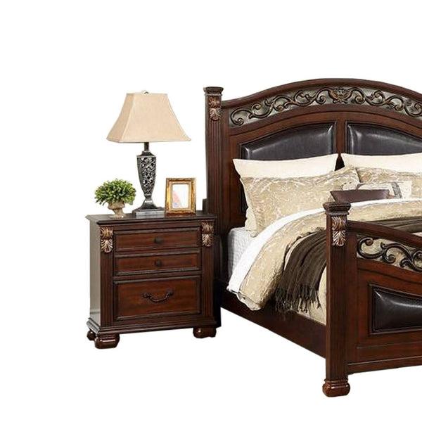 Miri Arched Queen Bed, Carved Leaf Details, Reeded Pilasters, Oak Brown - BM300177