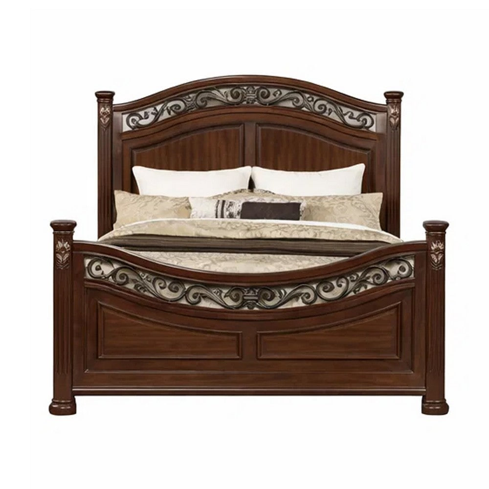 Miri Arched Queen Bed, Carved Leaf Details, Reeded Pilasters, Oak Brown - BM300177