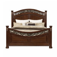 Miri Arched Queen Bed, Carved Leaf Details, Reeded Pilasters, Oak Brown - BM300177