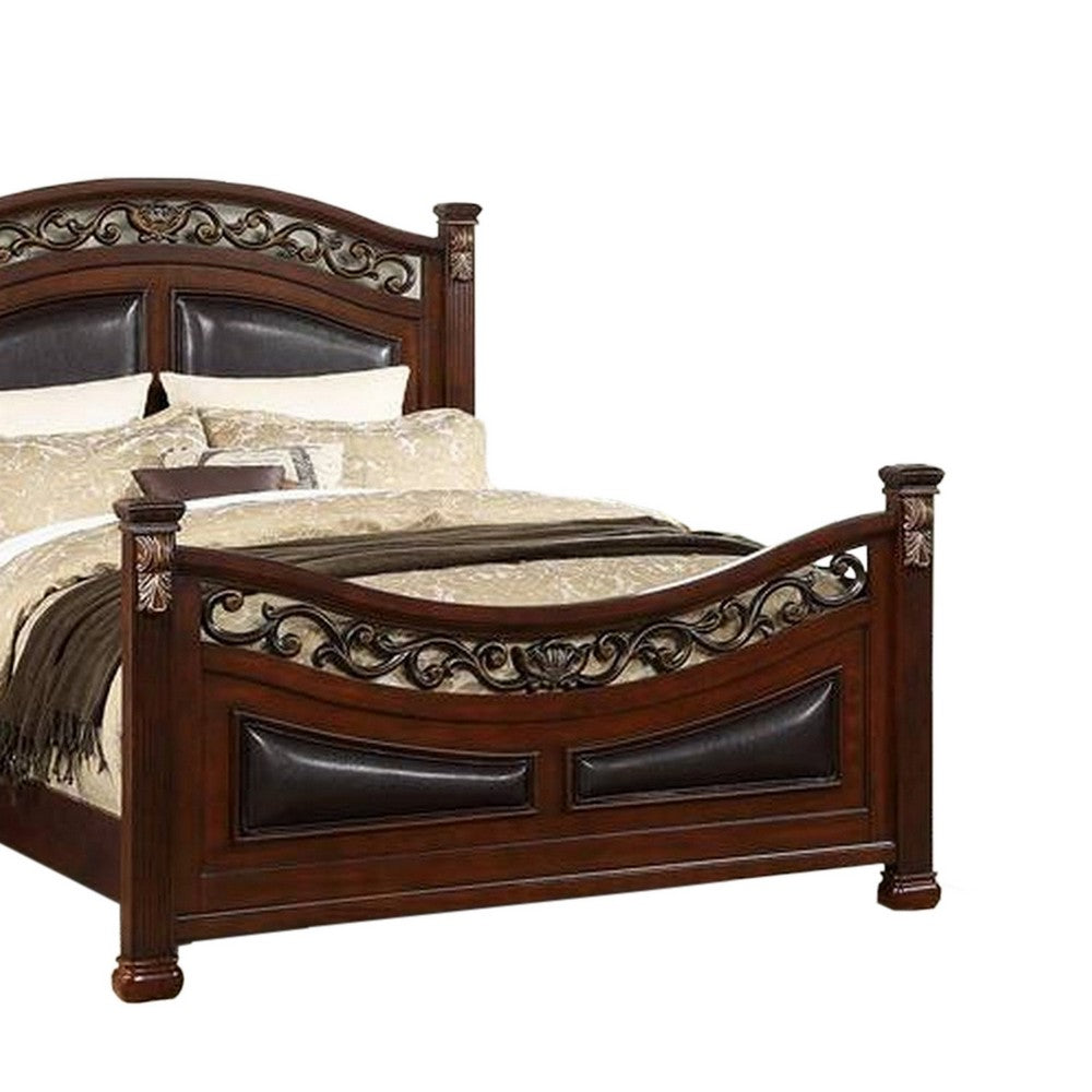 Miri Arched Queen Bed, Carved Leaf Details, Reeded Pilasters, Oak Brown - BM300177