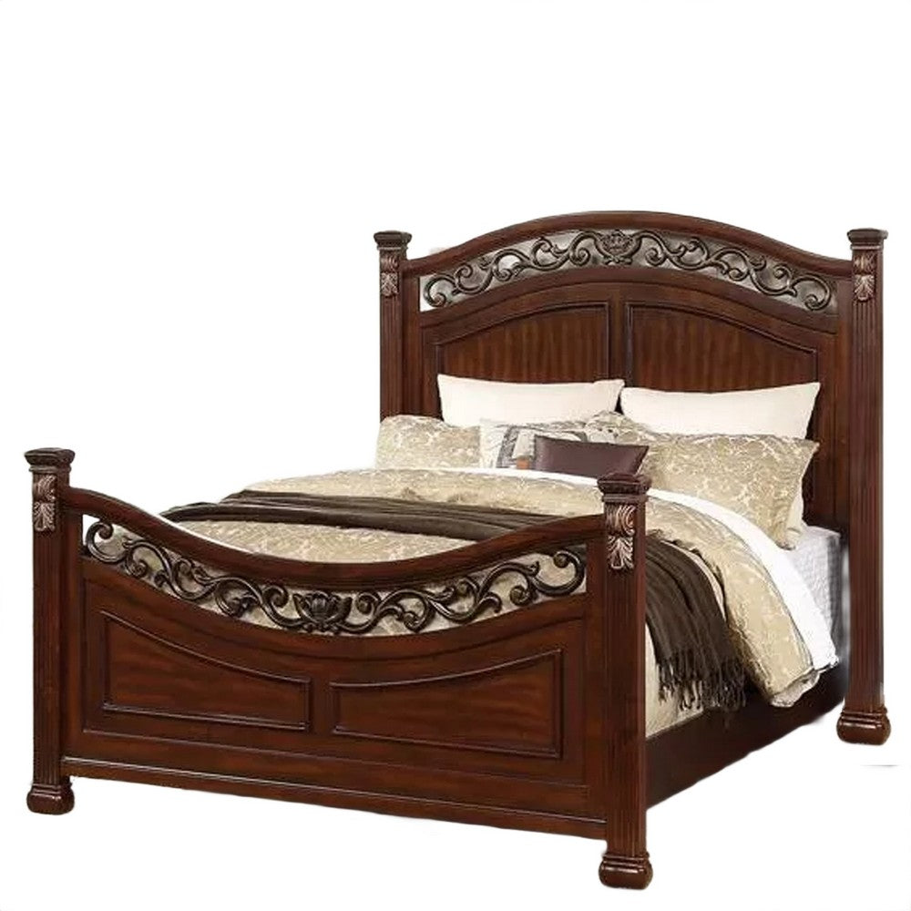 Miri Arched Queen Bed, Carved Leaf Details, Reeded Pilasters, Oak Brown - BM300177