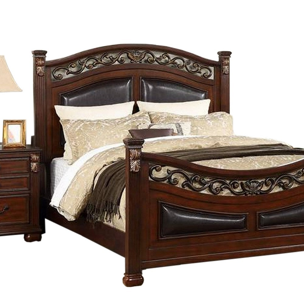 Miri Arched Queen Bed, Carved Leaf Details, Reeded Pilasters, Oak Brown - BM300177