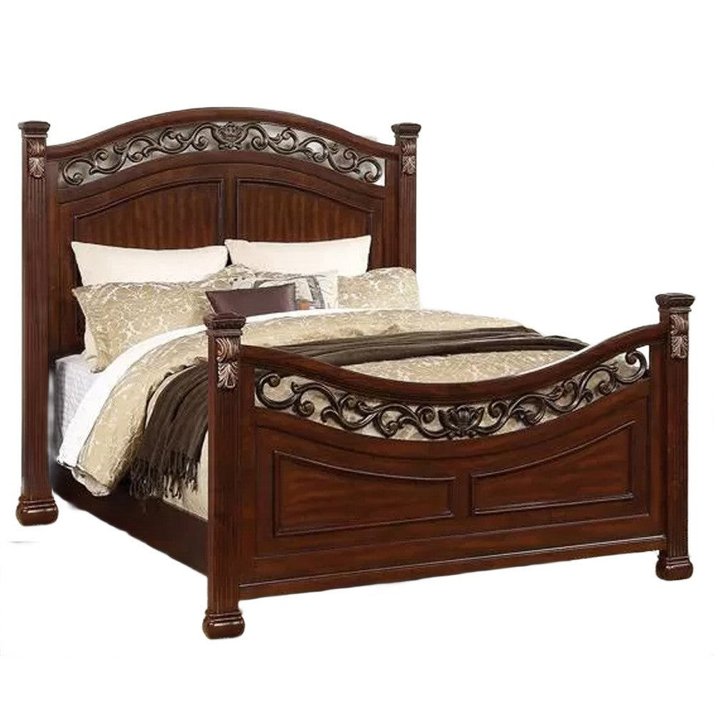 Miri Arched Queen Bed, Carved Leaf Details, Reeded Pilasters, Oak Brown - BM300177