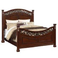 Miri Arched Queen Bed, Carved Leaf Details, Reeded Pilasters, Oak Brown - BM300177