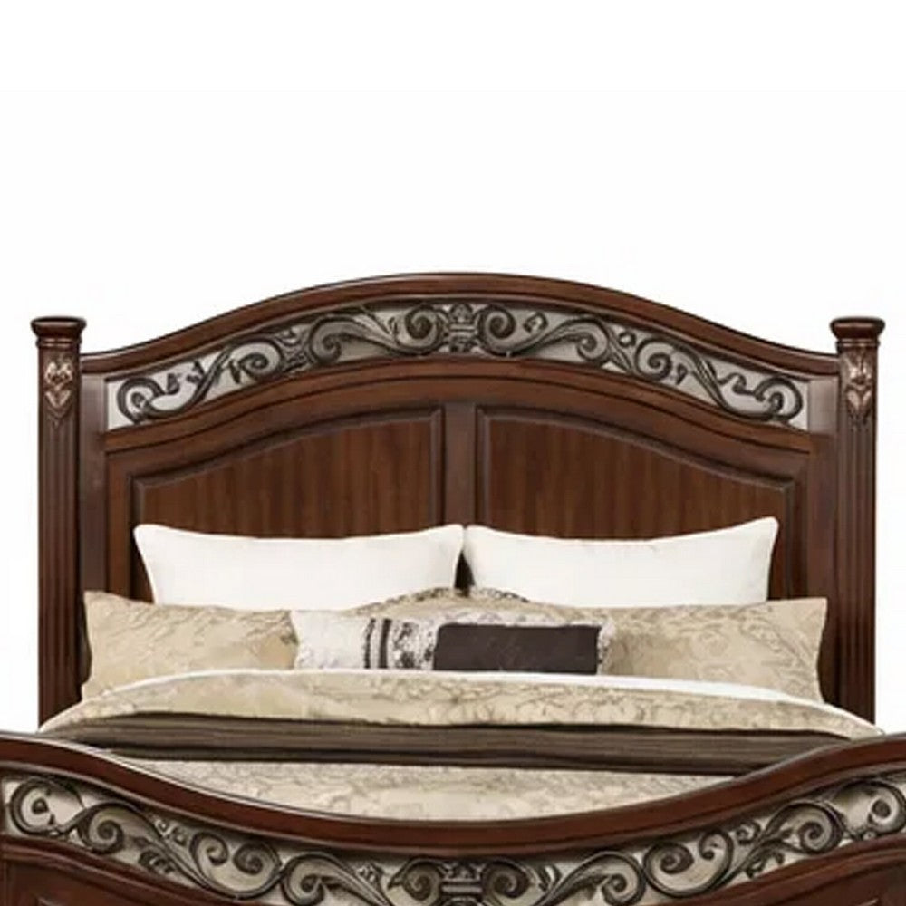 Miri Arched Queen Bed, Carved Leaf Details, Reeded Pilasters, Oak Brown - BM300177