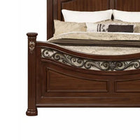 Miri Arched Queen Bed, Carved Leaf Details, Reeded Pilasters, Oak Brown - BM300177