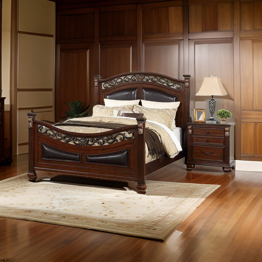 Miri Arched Queen Bed, Carved Leaf Details, Reeded Pilasters, Oak Brown - BM300177