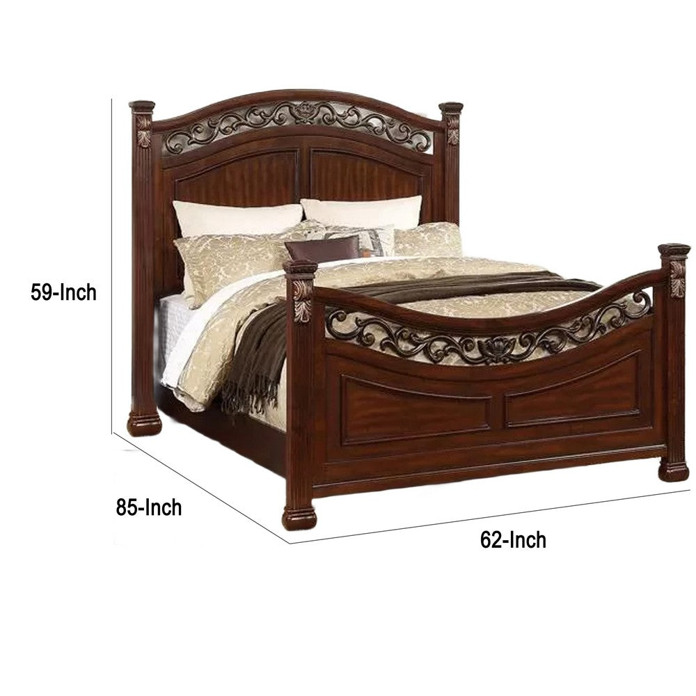 Miri Arched Queen Bed, Carved Leaf Details, Reeded Pilasters, Oak Brown - BM300177