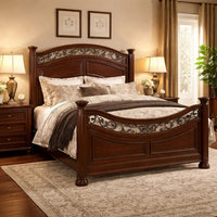 Miri Arched Queen Bed, Carved Leaf Details, Reeded Pilasters, Oak Brown - BM300177
