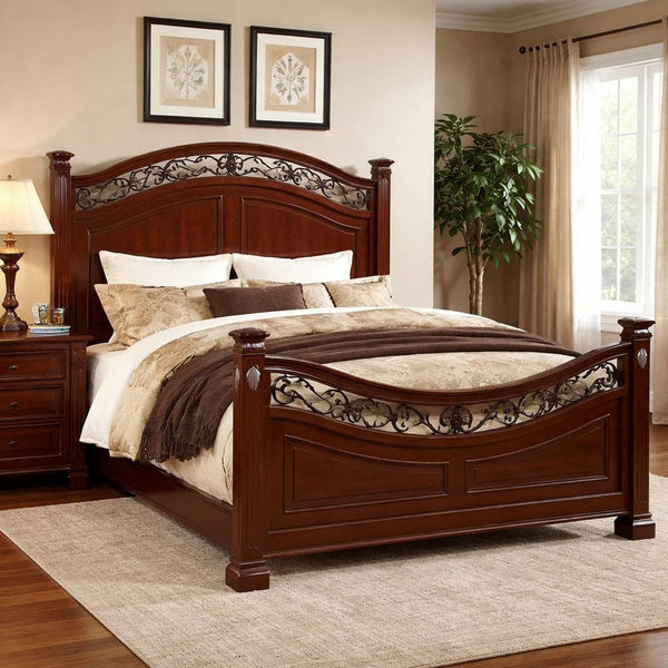 Miri Arched Queen Bed, Carved Leaf Details, Reeded Pilasters, Oak Brown - BM300177
