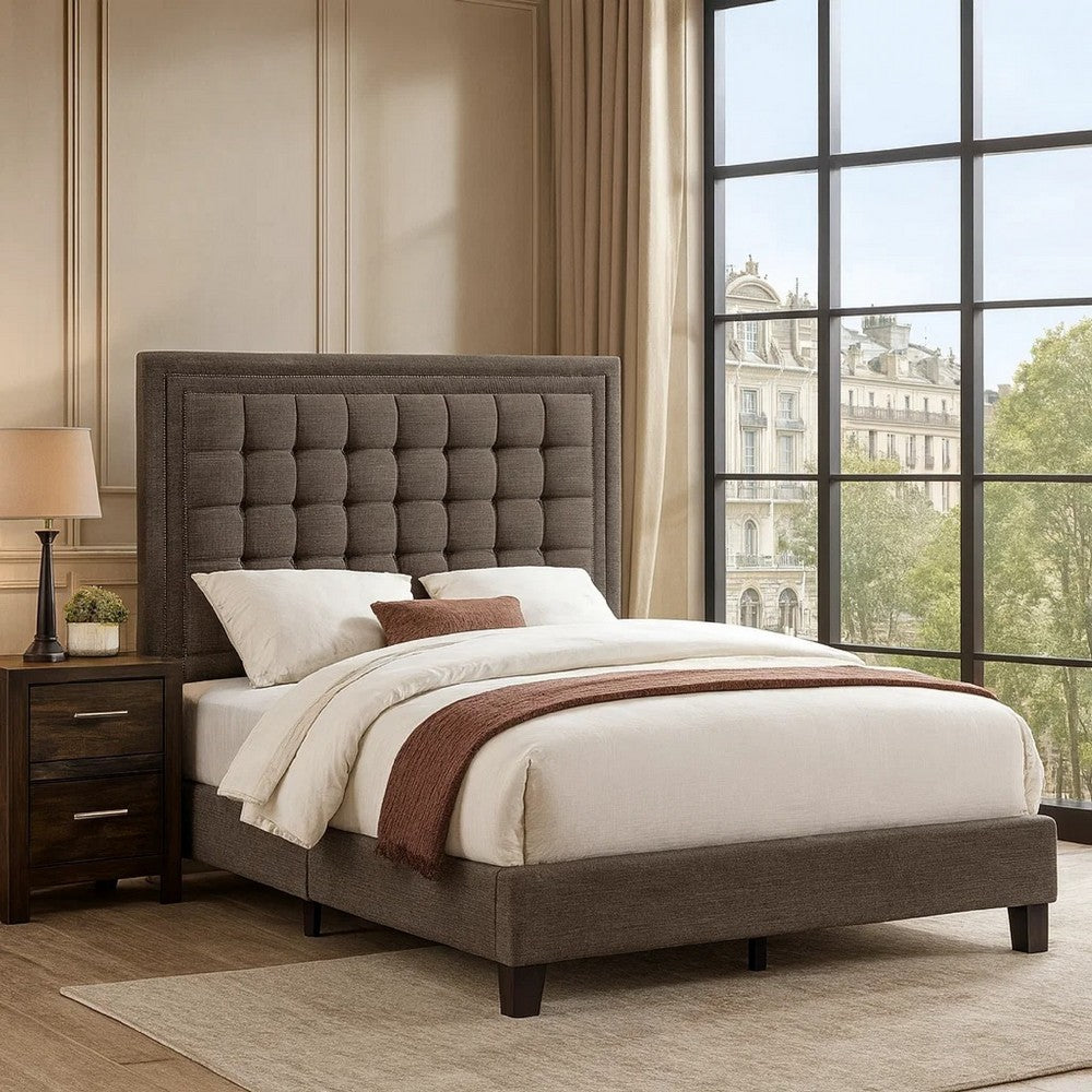 Zofi Modern Full Size Bed, Deep Square Tufted Upholstery, Taupe Polyester - BM300180