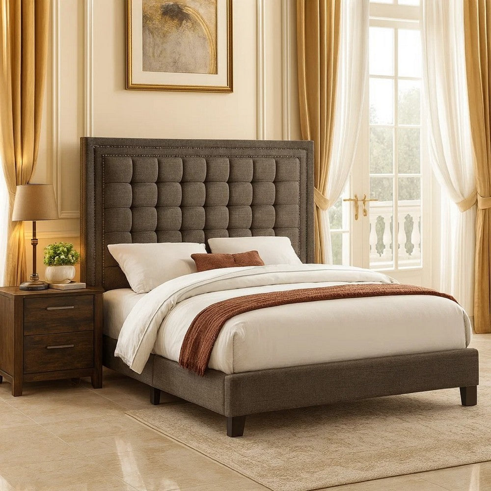 Zofi Modern Full Size Bed, Deep Square Tufted Upholstery, Taupe Polyester - BM300180