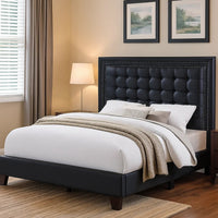 Vea Modern Platform Queen Bed, Deep Tufted Upholstery, Black Faux Leather - BM300185