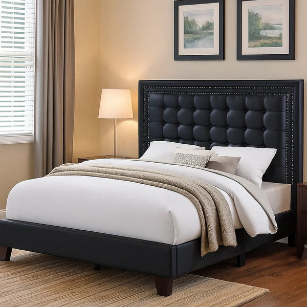 Vea Modern Platform Queen Bed, Deep Tufted Upholstery, Black Faux Leather - BM300185