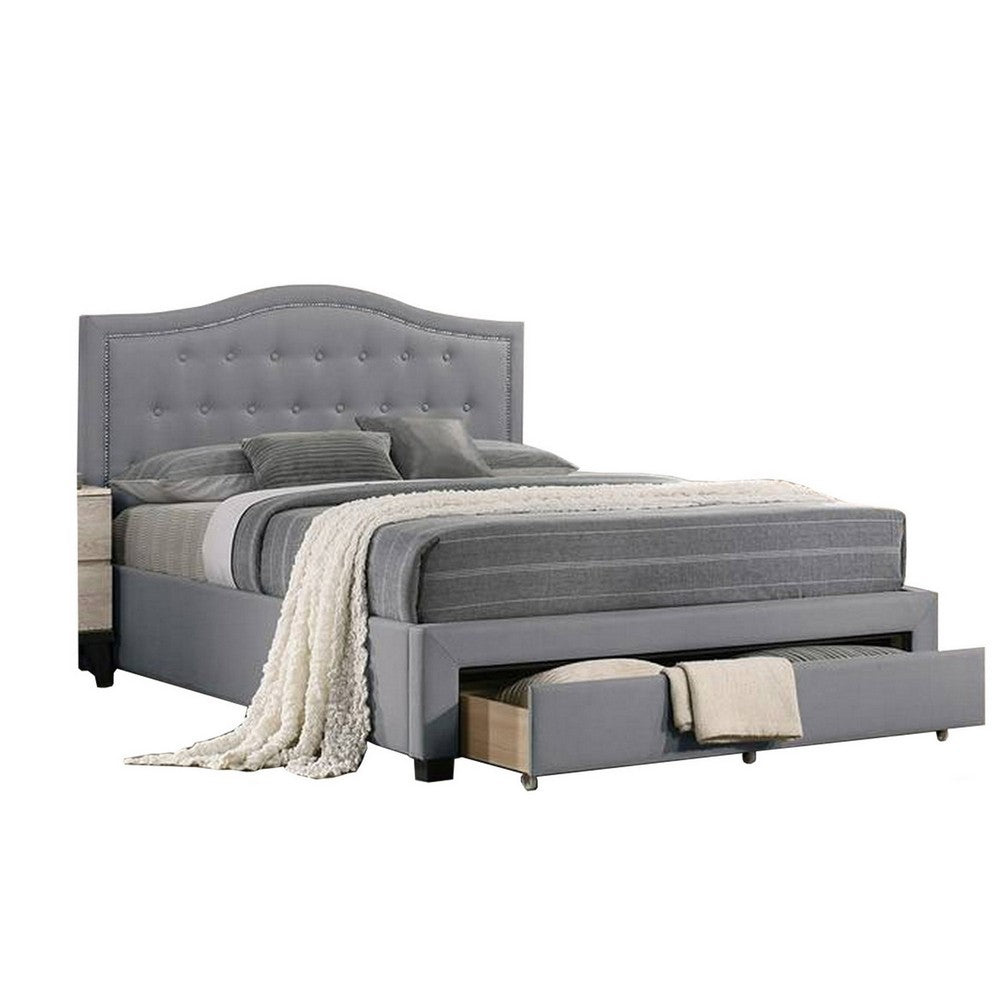 Buk Wood Full Bed, Button Tufted Upholstered, Nailhead Trim, Gray Burlap - BM300213