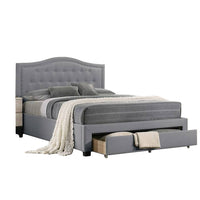 Buk Wood Full Bed, Button Tufted Upholstered, Nailhead Trim, Gray Burlap - BM300213