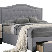 Buk Wood Full Bed, Button Tufted Upholstered, Nailhead Trim, Gray Burlap - BM300213