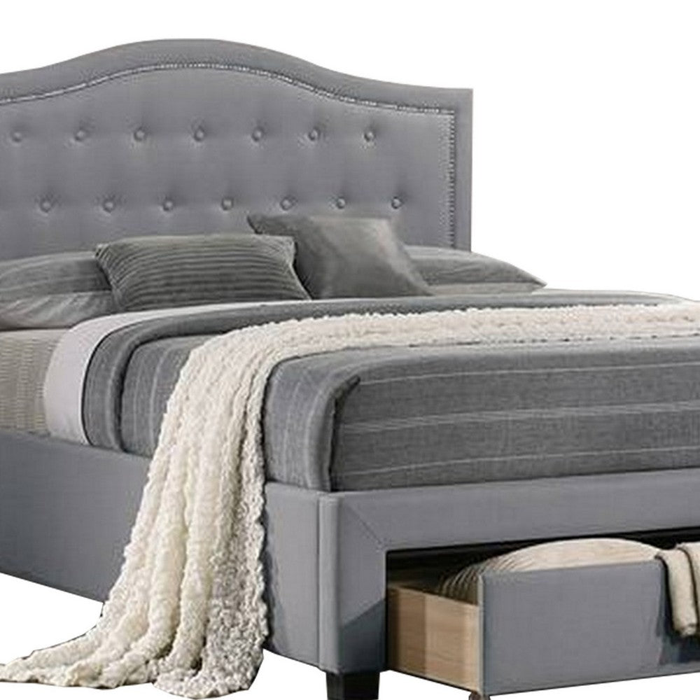 Buk Wood Full Bed, Button Tufted Upholstered, Nailhead Trim, Gray Burlap - BM300213