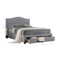 Buk Wood Full Bed, Button Tufted Upholstered, Nailhead Trim, Gray Burlap - BM300213