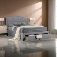 Buk Wood Full Bed, Button Tufted Upholstered, Nailhead Trim, Gray Burlap - BM300213