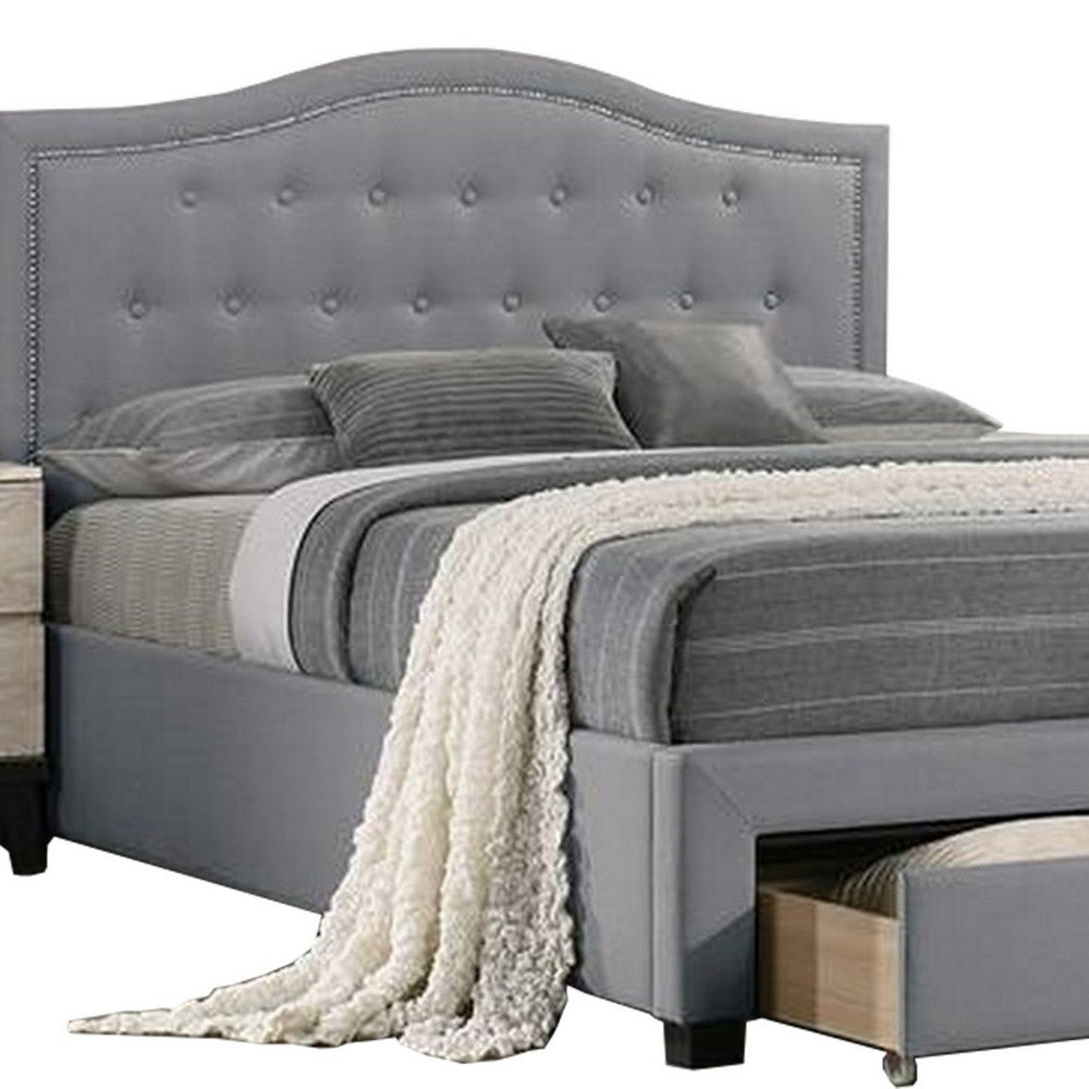 Buk Upholstered Tufted Twin Bed with Storage, Nailhead Trim, Gray Burlap  - BM300215