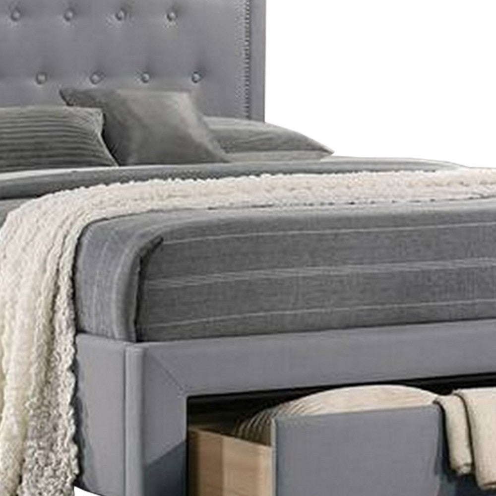 Buk Upholstered Tufted Twin Bed with Storage, Nailhead Trim, Gray Burlap  - BM300215