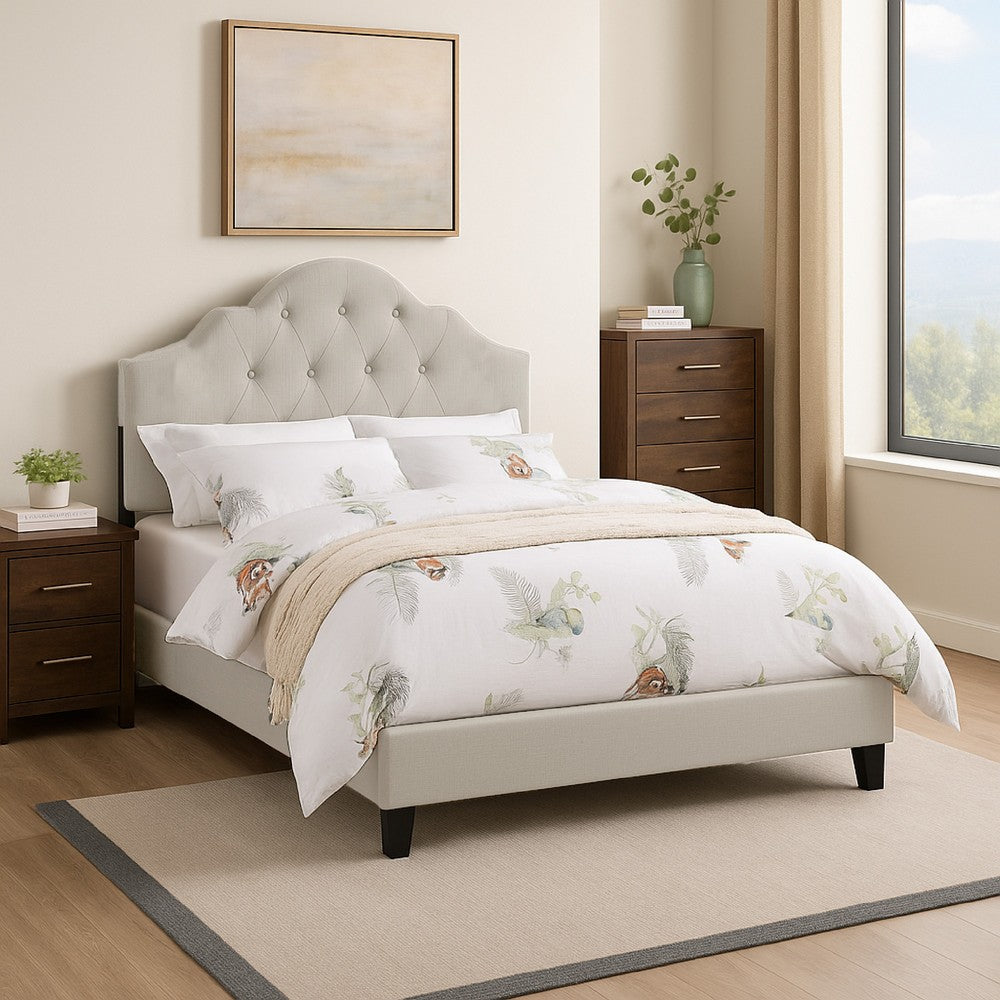 Eni Upholstered Full Size Bed, Tufted Adjustable Headboard, Taupe Fabric - BM300227