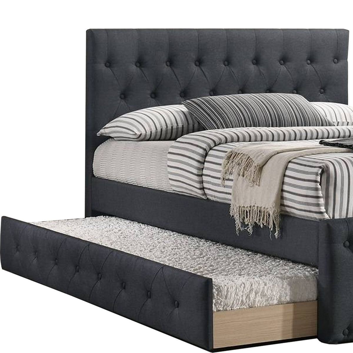 Nek Full Size Upholstered Bed with Twin Trundle, Tufted Charcoal Burlap