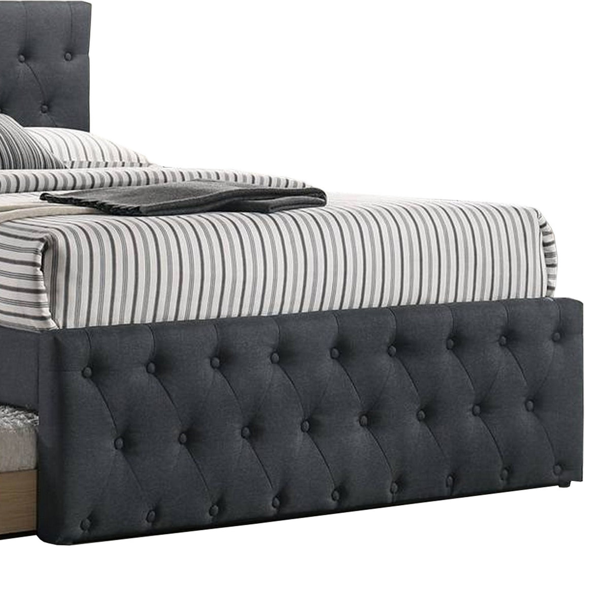 Nek Full Size Upholstered Bed with Twin Trundle, Tufted Charcoal Burlap