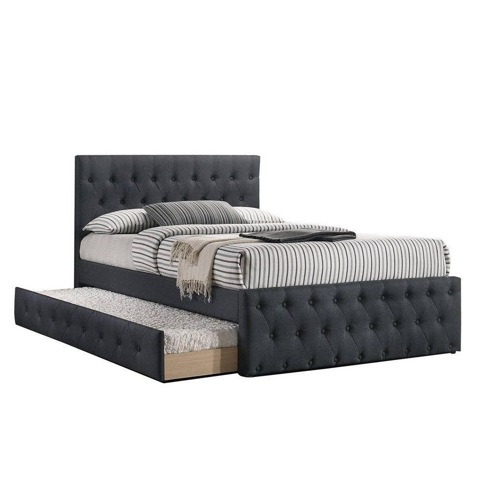 Nek Wood Twin Size Upholstered Bed with Trundle, Tufted Charcoal Burlap - BM300230