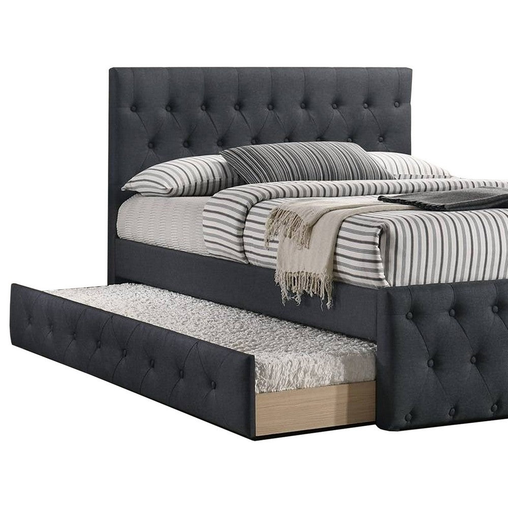Nek Wood Twin Size Upholstered Bed with Trundle, Tufted Charcoal Burlap - BM300230